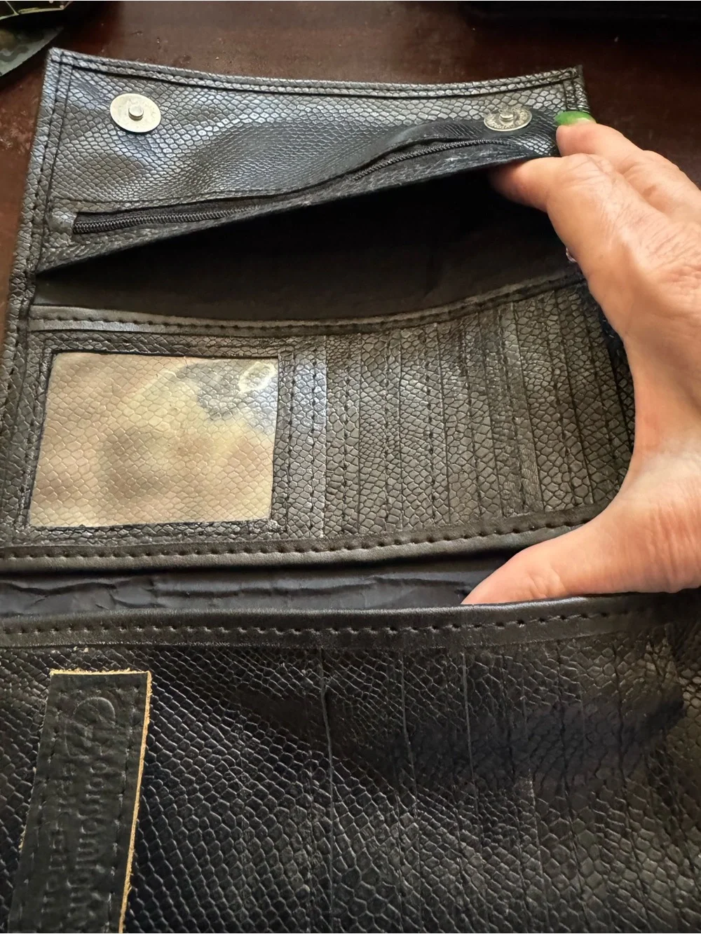 Black Textured Leather Wristlet Clutch